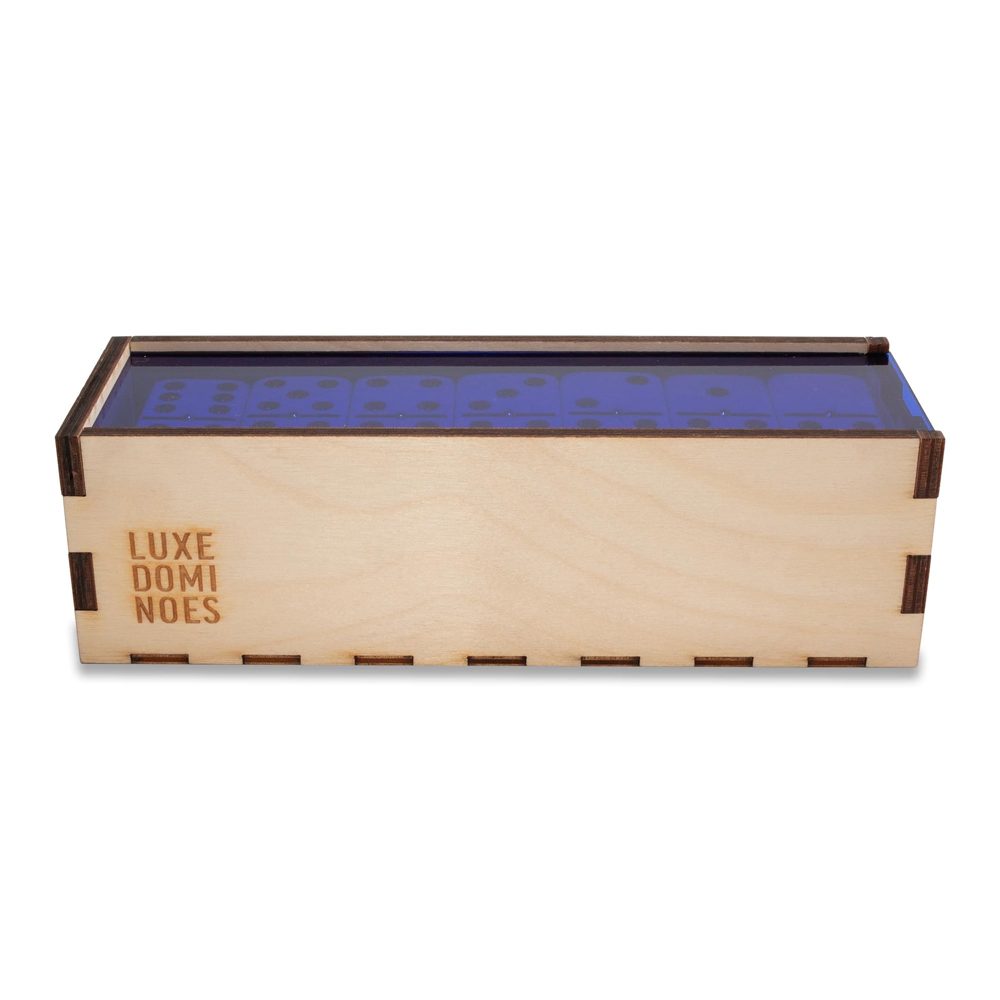 Deluxe Modern Domino Set Double Six, with Jumbo Sized Tournament Dominoes Black and White Two Toned with Spinner (Rivets) in Wood Box with Acrylic Top