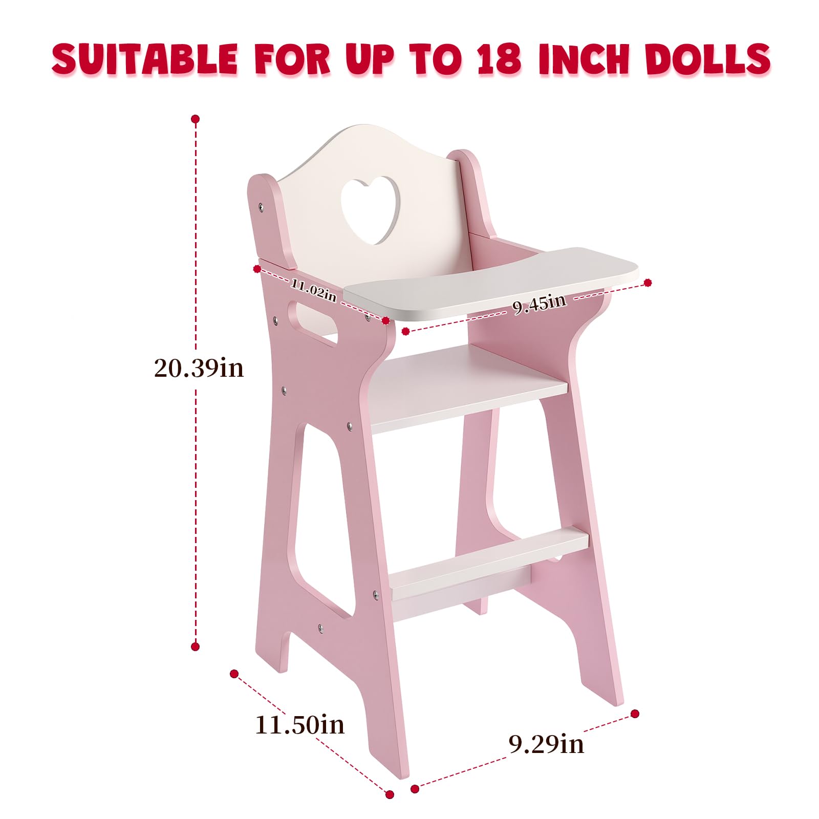 PHOKID Doll High Chair for Pretend Play - Wooden Doll Furniture with Safety Belt, Footrest & Flower Backrest, White/Pink,Fits Standard 18" Baby Dolls