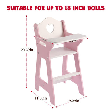 PHOKID Doll High Chair for Pretend Play - Wooden Doll Furniture with Safety Belt, Footrest & Flower Backrest, White/Pink,Fits Standard 18" Baby Dolls