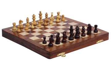 Magnetic Travel Chess Board Set - Classic Wood Staunton 7 X 7 Inch Pocket Chess Set with Folding Game Board Handmade in Fine Rosewood