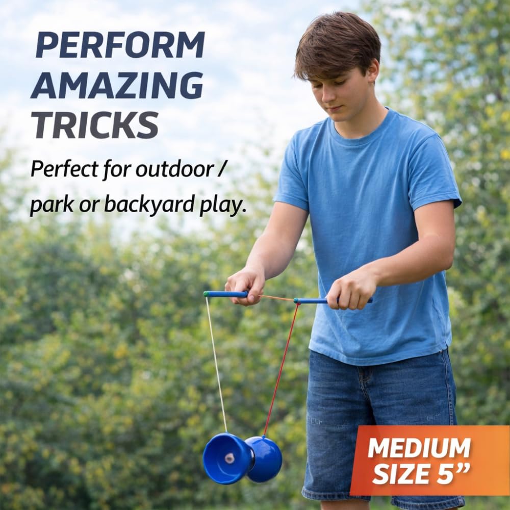 Flight Pro Diabolo Chinese Yoyo Skill Toy Triple Bearing Toy, with Carbon Fiber Sticks, Extra String & Net Bag - Medium Size 5” Blue