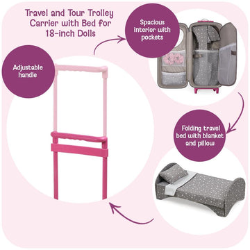 Badger Basket Travel and Tour Trolley Carrier Set for 18-Inch Dolls with Folding Bed and Accessories - Gray Stars