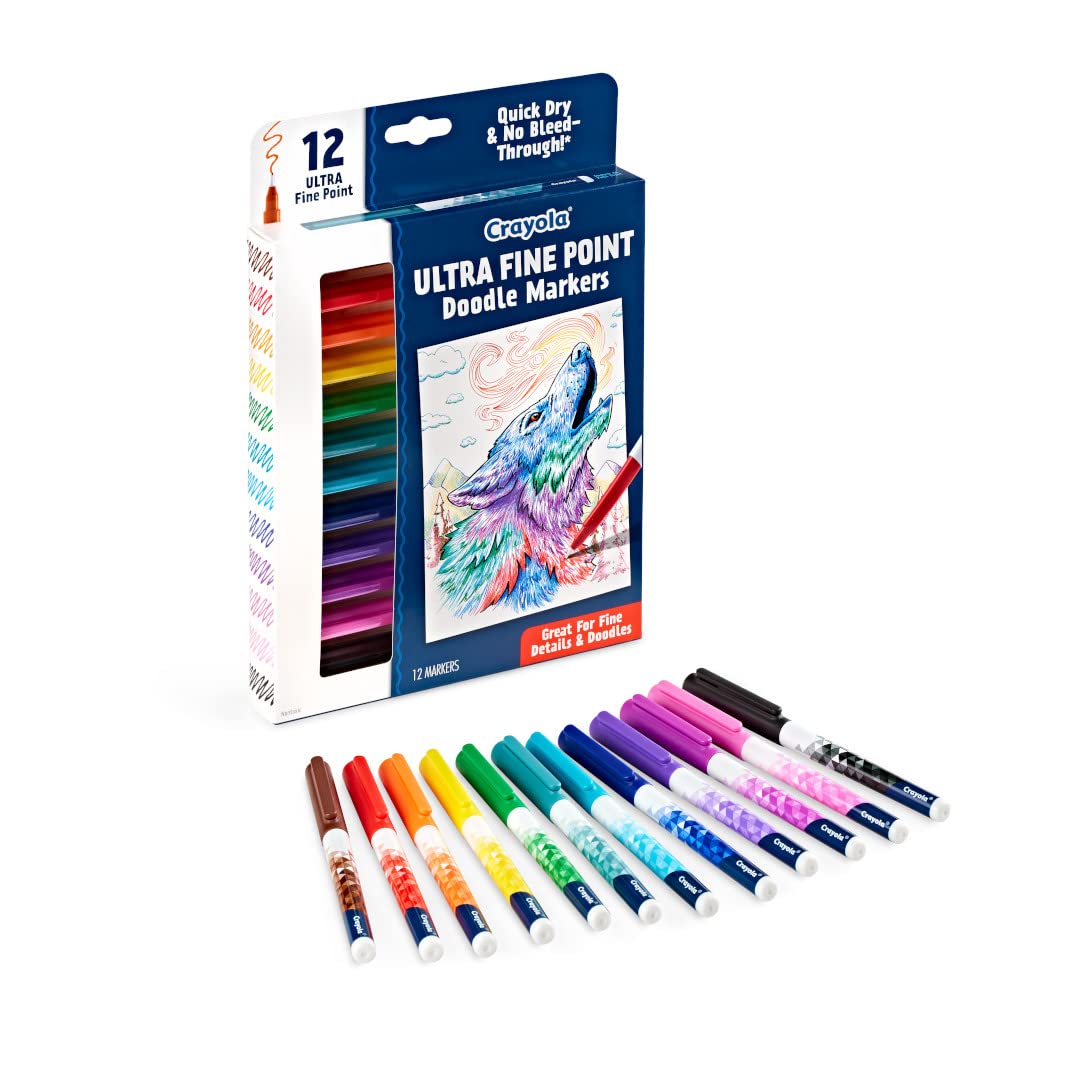 Crayola Ultra Fine Point Markers (12ct), No Bleed Markers for Adult Coloring Books, Doodle Art Marker Set, Lettering, Calligraphy, Drawing
