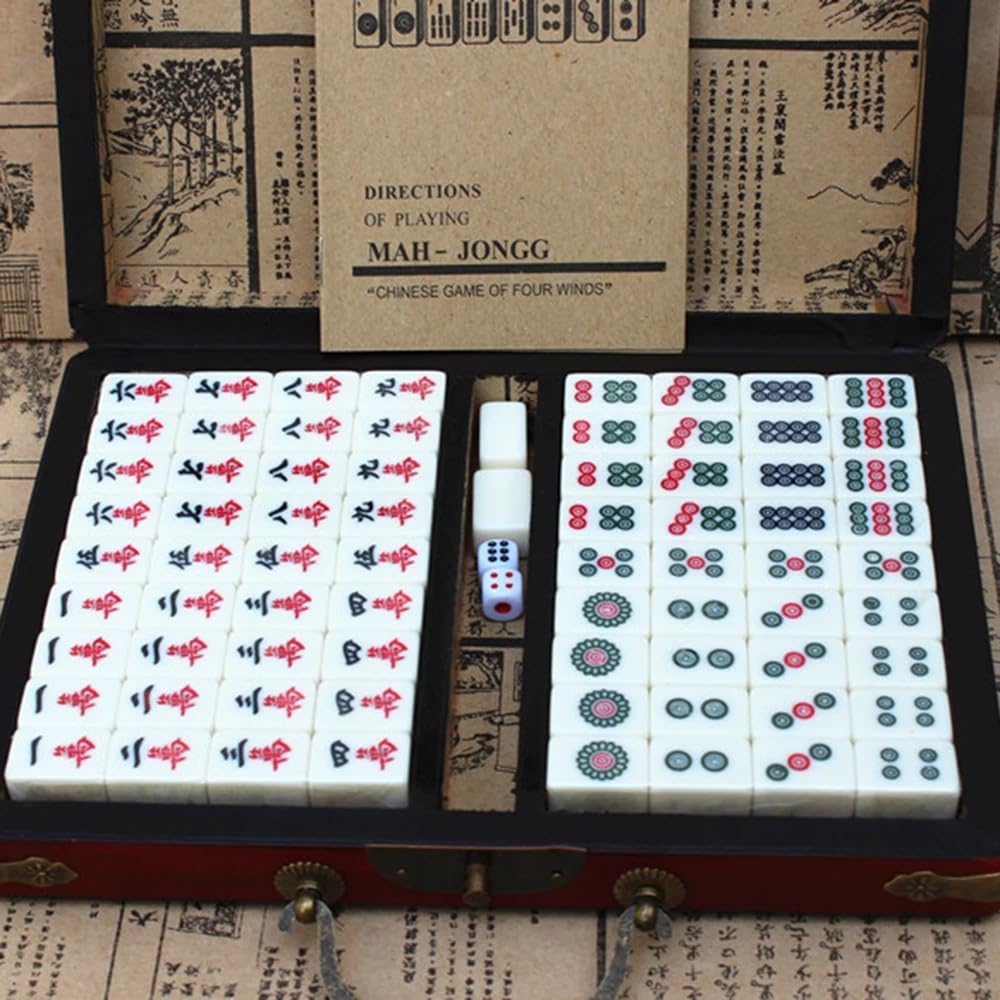 LinaLife Chinese Mahjong Toy Set, Classic Board Game 144 Tiles Set with a Wooden Box asy-to-Read Game Set Travel Mahjong Set Portable Size and Light