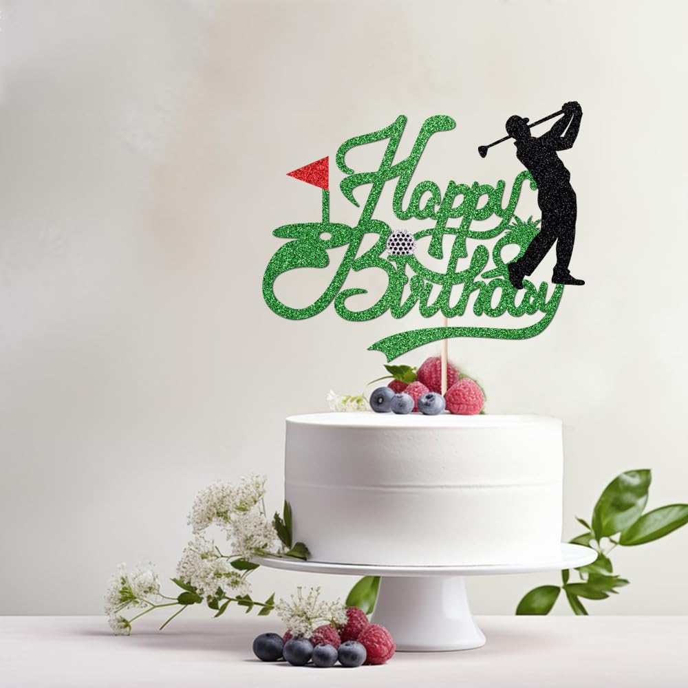 Crseniny Golf Happy Birthday Cake Topper?Golf Ball Player Cake Decorations?Glitter Happy Birthday Cake Topper - Sports Themed Party Decoration