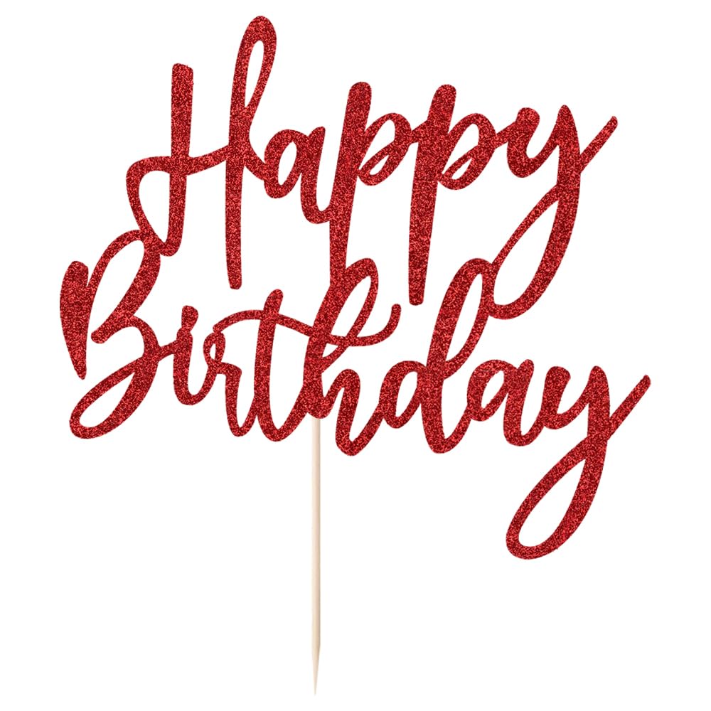 LVEUD Glitter Happy Birthday Cake Topper, Red, 1 Count, 8 Inches x 7 Inches, Glamorous Style, Suitable For Party Decoration, Birthday Occasion