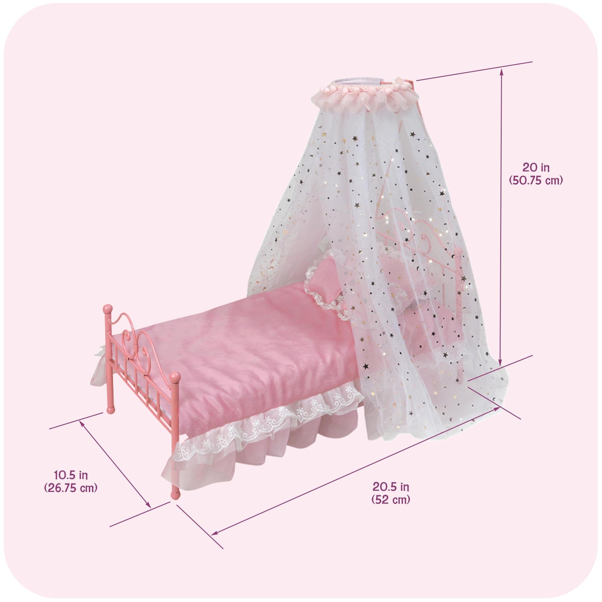 Badger Basket Starlights Metal Doll Bed - LED Canopy Bed Set Fits 18 Inch Dolls - Includes Mesh Drapes Decorative Pillows Reversible Blanket - Pretend