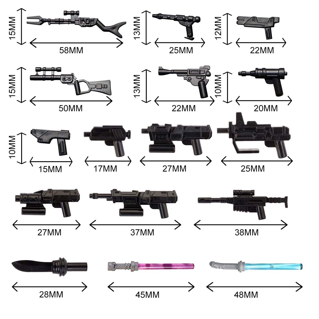 TopBrixx Custom Minifigures Weapon Set, 56 Pcs Custom Weapon Set for Starwars Soldier Minifigures, Figure Weapon Compatible with Lego