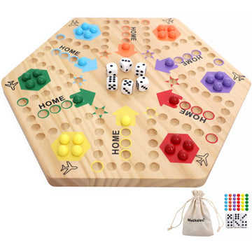 Medikaison Original Marble Game Wahoo Board Game Double Sided Painted Wooden Fast Track Board Game for 6 and 4 Players 6 Colors 24 Marbles 6 Dice