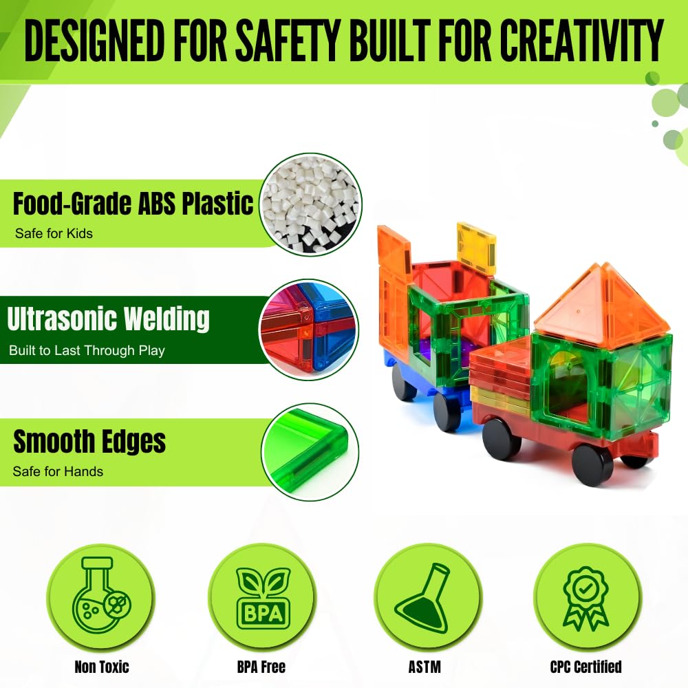 Little Vo Magnetic Tiles 100 pcs with 2 Cars, STEM Building Blocks for Kids, Educational Gift, Magnet Construction Toys for Toddlers, School Teacher