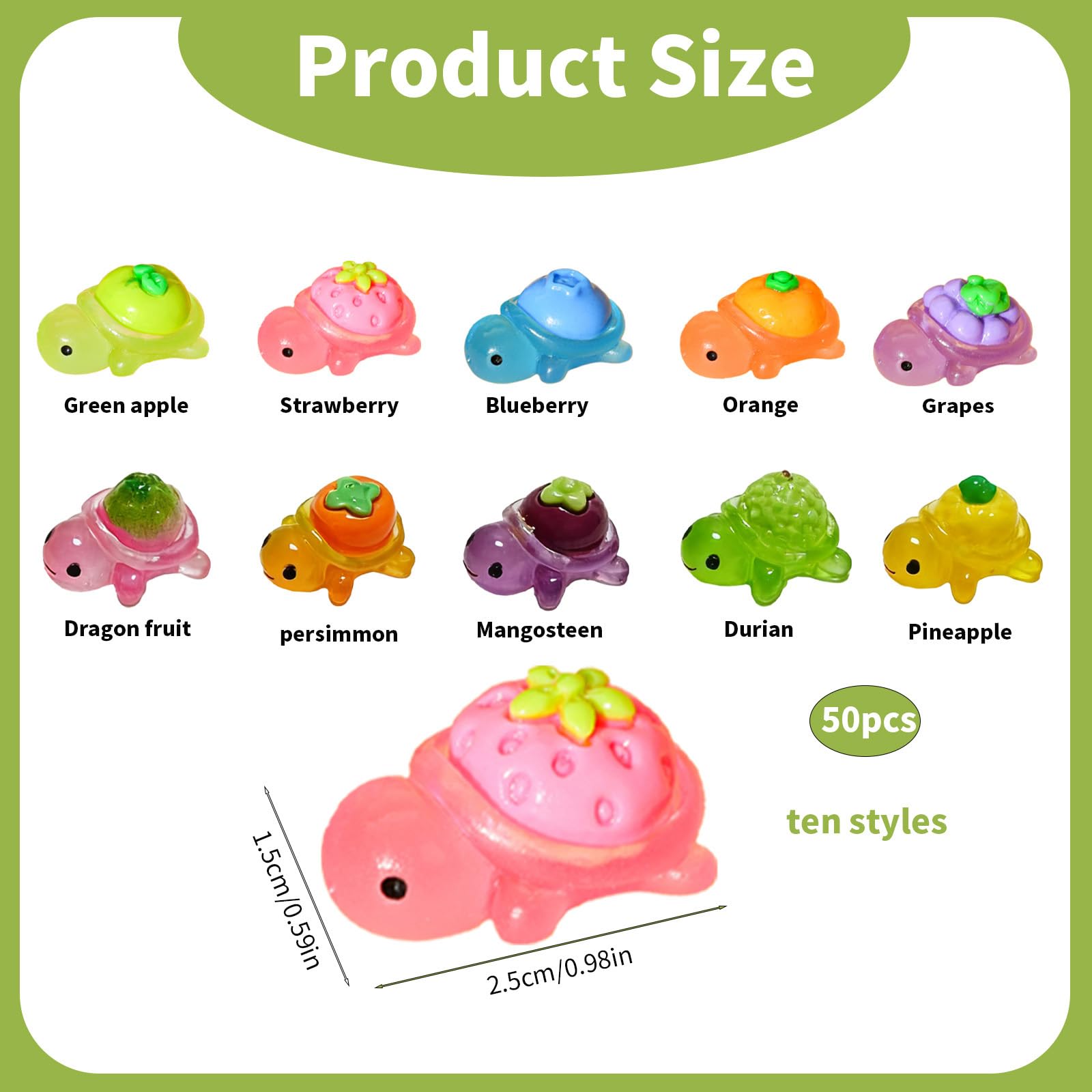 50 Pcs Small Bulk Mini Resin Turtles, Glow-in-The-Dark Fairy Garden Accessories with Fruit Designs, Ocean Theme Collection for Miniature Scenes, 10