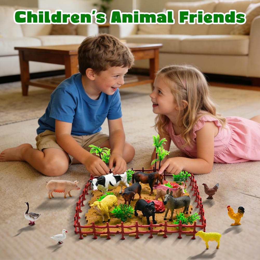 BOLZRA Farm Animal Figurines, Realistic Plastic Animals Toys with Fences Building Blocks, Farm Figures Playset Educational Christmas Birthday Gift