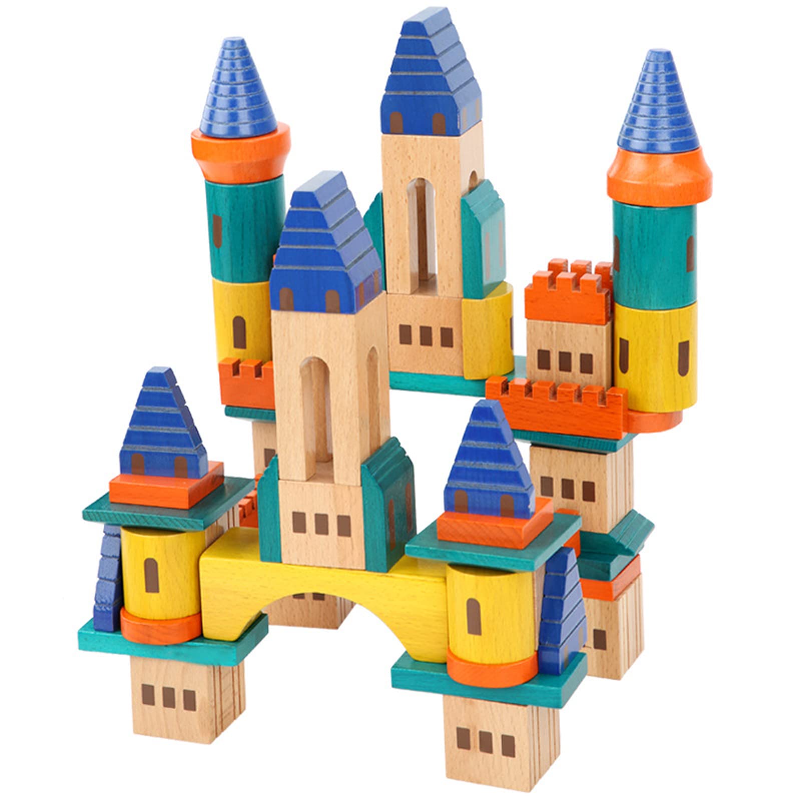 Xylolin Wooden Castle Building Blocks Set, Big Solid Beech Wood Toddlers Stacking Block Toy, Kids Construction Playset for Boys Girls 69 Pieces Set
