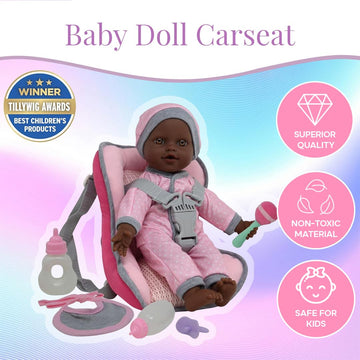 African American Doll Travel PlaySet - Baby Doll Car Seat Carrier Backpack with 12 Inch Soft Body Doll Includes Doll Bottles and Toy Accessories …