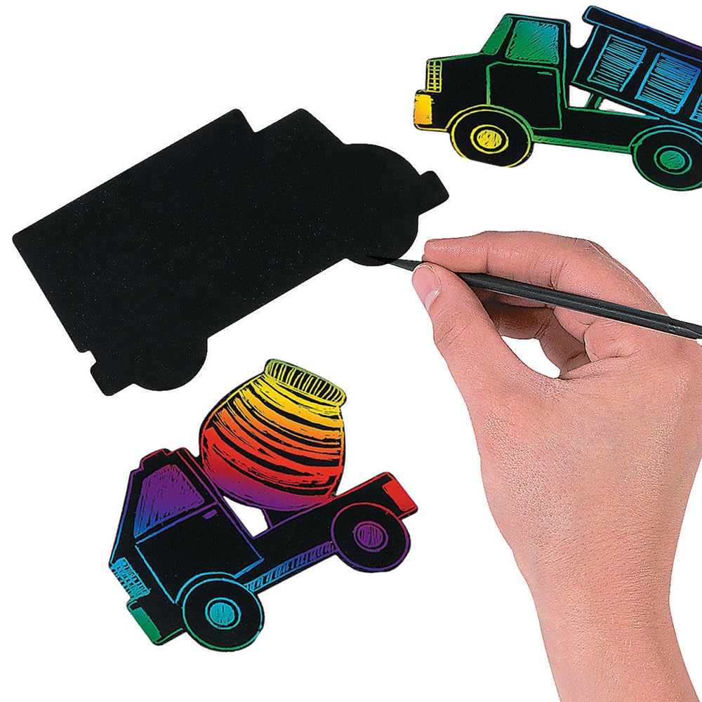 Fun Express Magic Scratch Trucks - Interactive Craft Activity for Kids - Creative DIY Art Home VBS Vacation Bible School Supplies - Educational