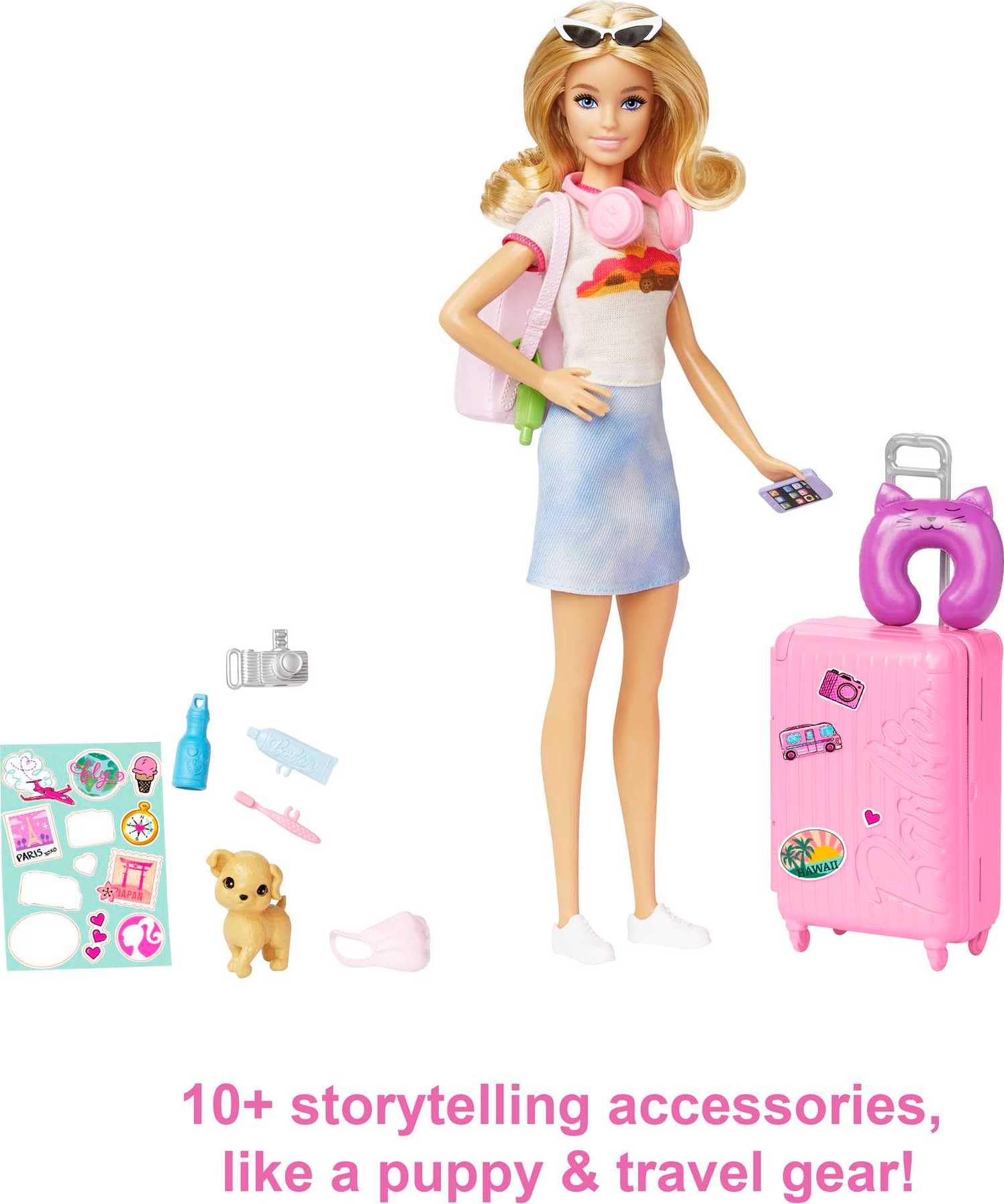 Barbie Doll & Accessories, Travel Set with Puppy and 10+ Pieces, Suitcase Opens & Closes, Barbie "Malibu" with Blonde Hair