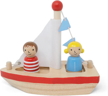 Wooden Toy Boat with Sailor Buddies- Jack Rabbit Creations- Floating Bath Toys for Kids- Boy & Girl Set- Vintage Inspired Eco-Friendly Water Play