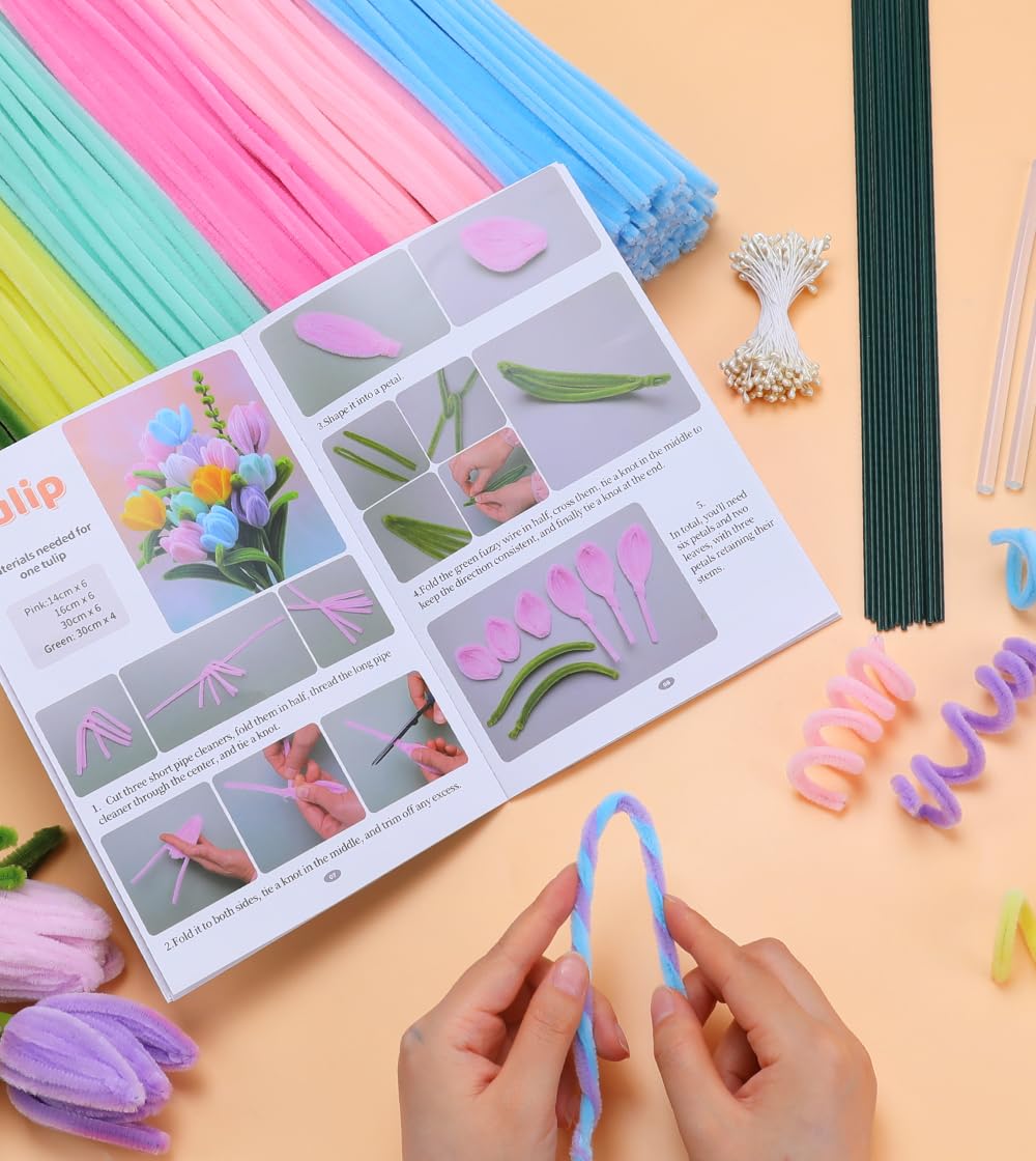 Eppingwin 360 PCS Pipe Cleaners for Flowers, Macaroon Chenille Stems for Crafts, Pipe Cleaners Bulk with Instruction for Tulip, Rose, Lily, Sunflower