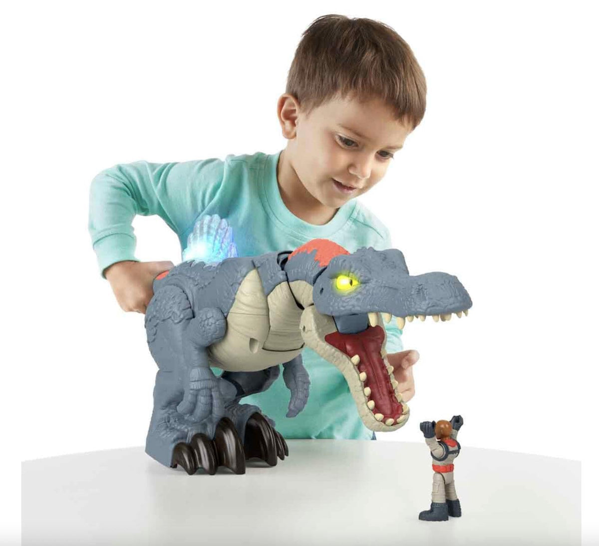 Fisher-Price Imaginext Jurassic World Dinosaur Toy Ultra Snap Spinosaurus, Lights Sounds & Chomping Action, for Preschool Kids Ages 3+ Years