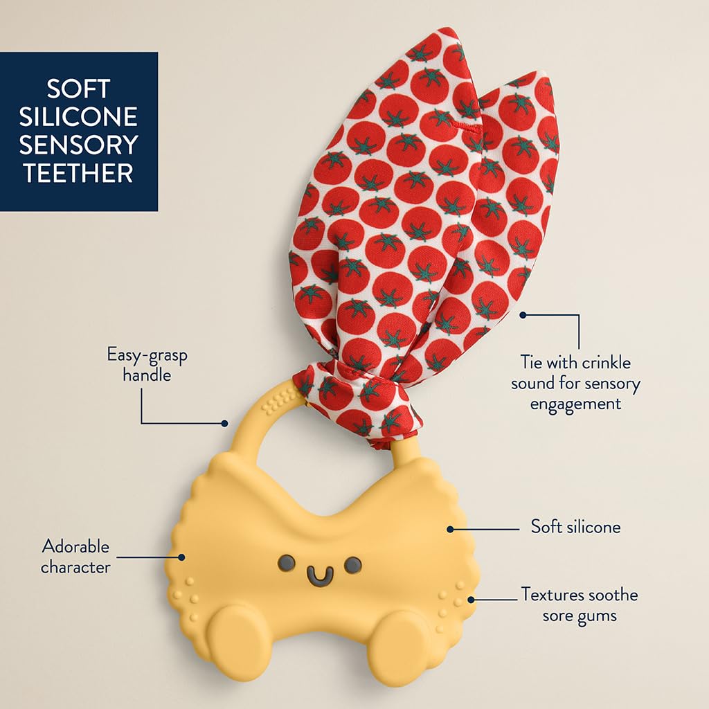 Itzy Ritzy Silicone Baby Teether - BPA-Free Teething Toy with Crinkle Fabric Tie, Easy-Grip Handle & Multiple Textures - for Ages 3 Months and Up