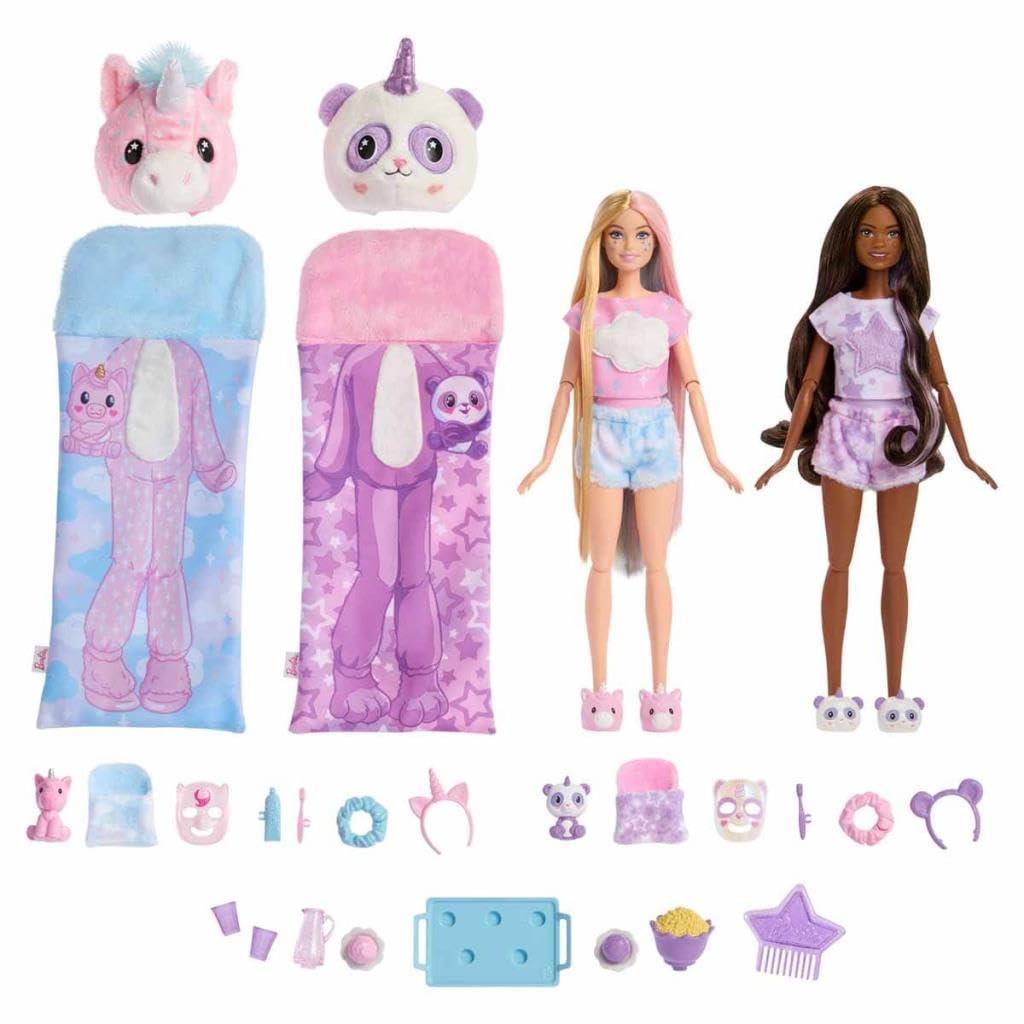 Barbie Cutie Reveal Set, Cozy Sleepover Set with 2 Fashion Dolls & Pajamas, Sleeping Bags & Bedtime-Themed Accessories