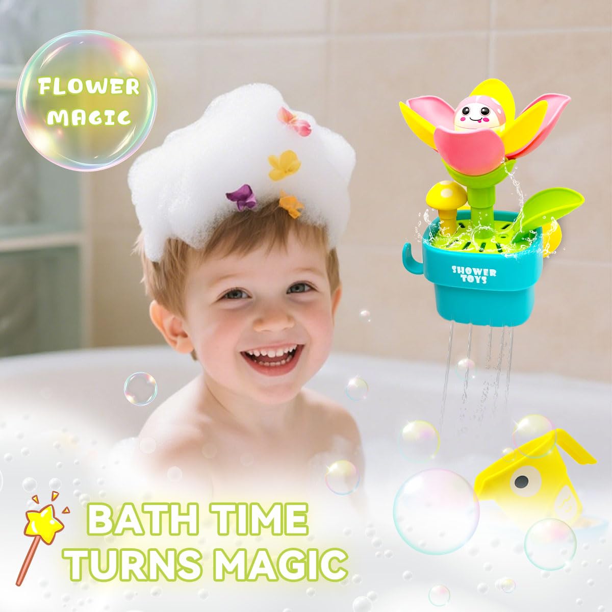 Bath Toys for Toddlers Age 1 2 3, Interactive Bloom Bathtub Toys for Bathtime Fun, Kids Bath Tub Shower Playset, Infant Baby Girls Boys Birthday Gift