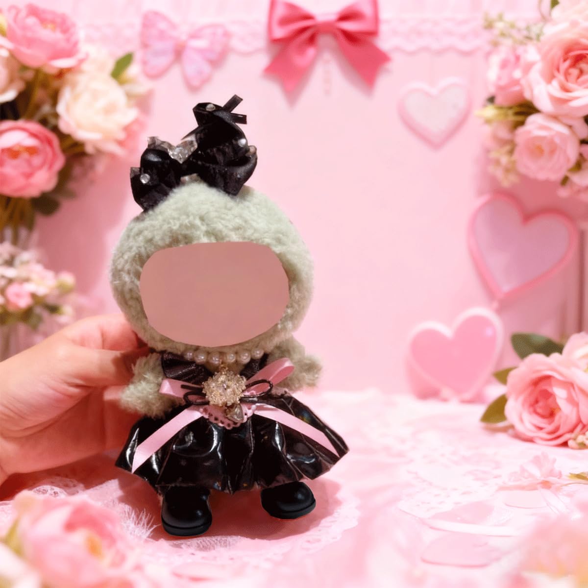Doll Clothes Set ,Sparkling Black & Pink Princess Dress Set for 17cm Dolls - 5 Piece Outfit with Glitter Sleeveless Gown, Bow Headband, Pearl