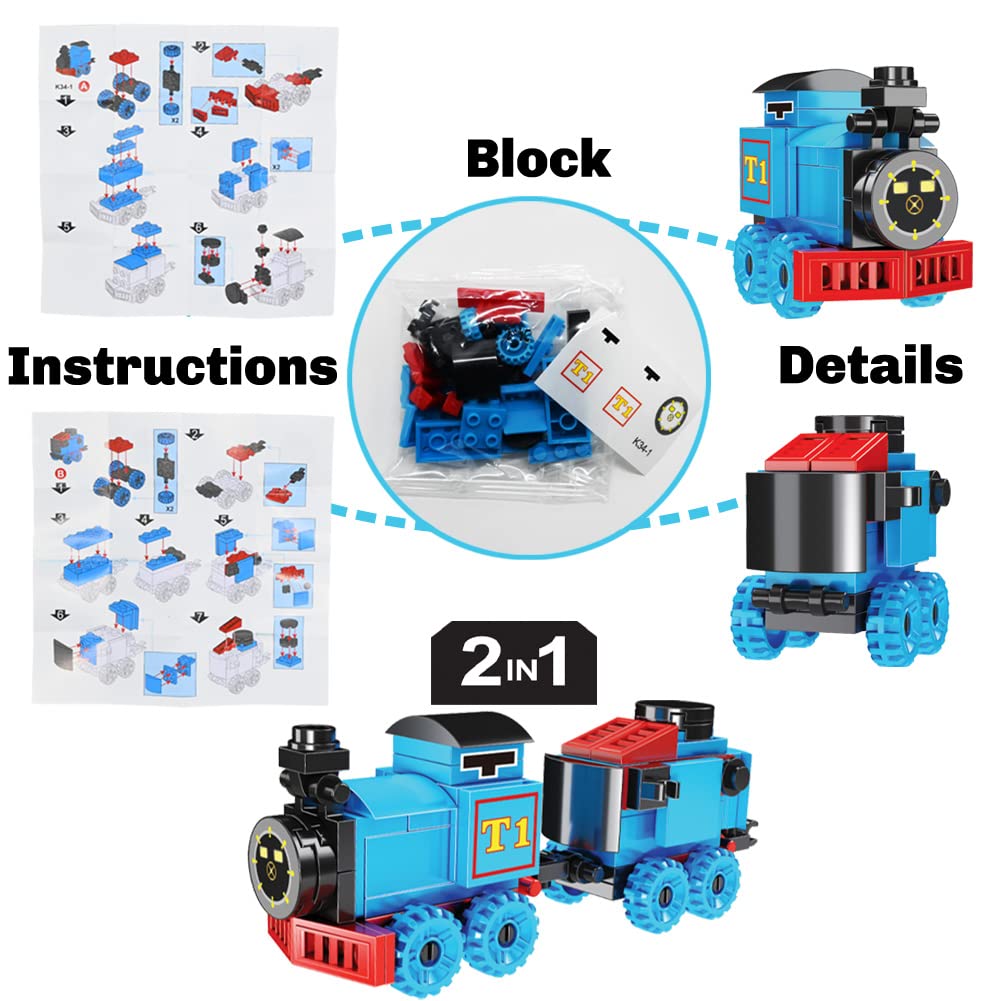 24 Packs Train Building Blocks with Valentines Gift Cards, 6 in 1 Train Building Blocks Sets for Boys Girls Goodie Bags Carnival Prizes Birthday