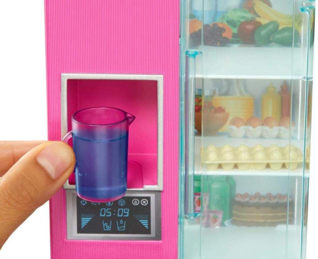 Barbie Doll, 11.5-in Blonde, and Furniture Set, Refrigerator with Working Water Dispenser and Three Kitchen Accessories, Gift for 3 to 7 Year Olds