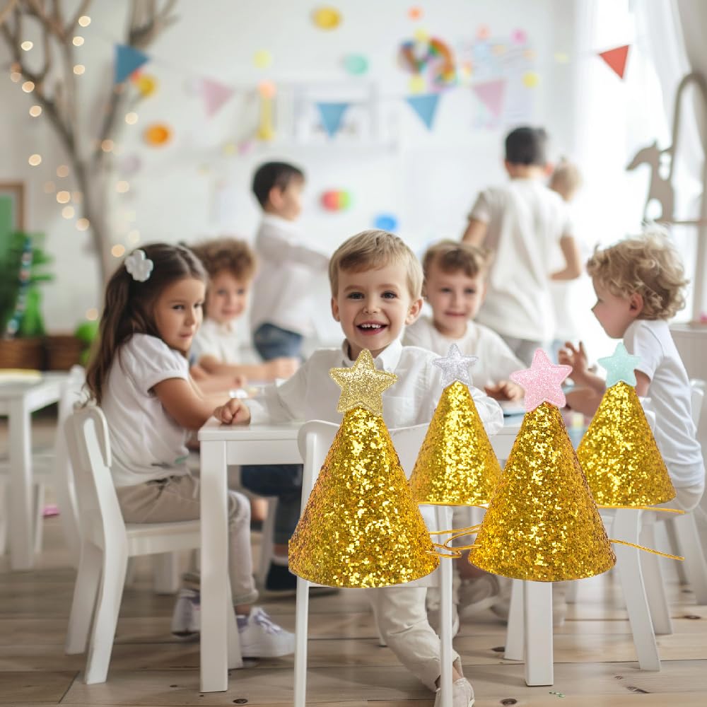 Fevoila Golden Star Birthday Hats, 12 Pcs Golden Happy Birthday Party Hats with Shiny Star Party Supplies for Pets Kids Adults