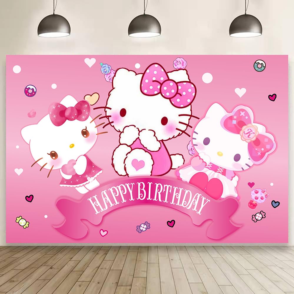 Kitty Birthday Decorations,Girls Princess Happy Birthday Banner Backdrop for Kids Birthday Party Supplies (5x3ft)