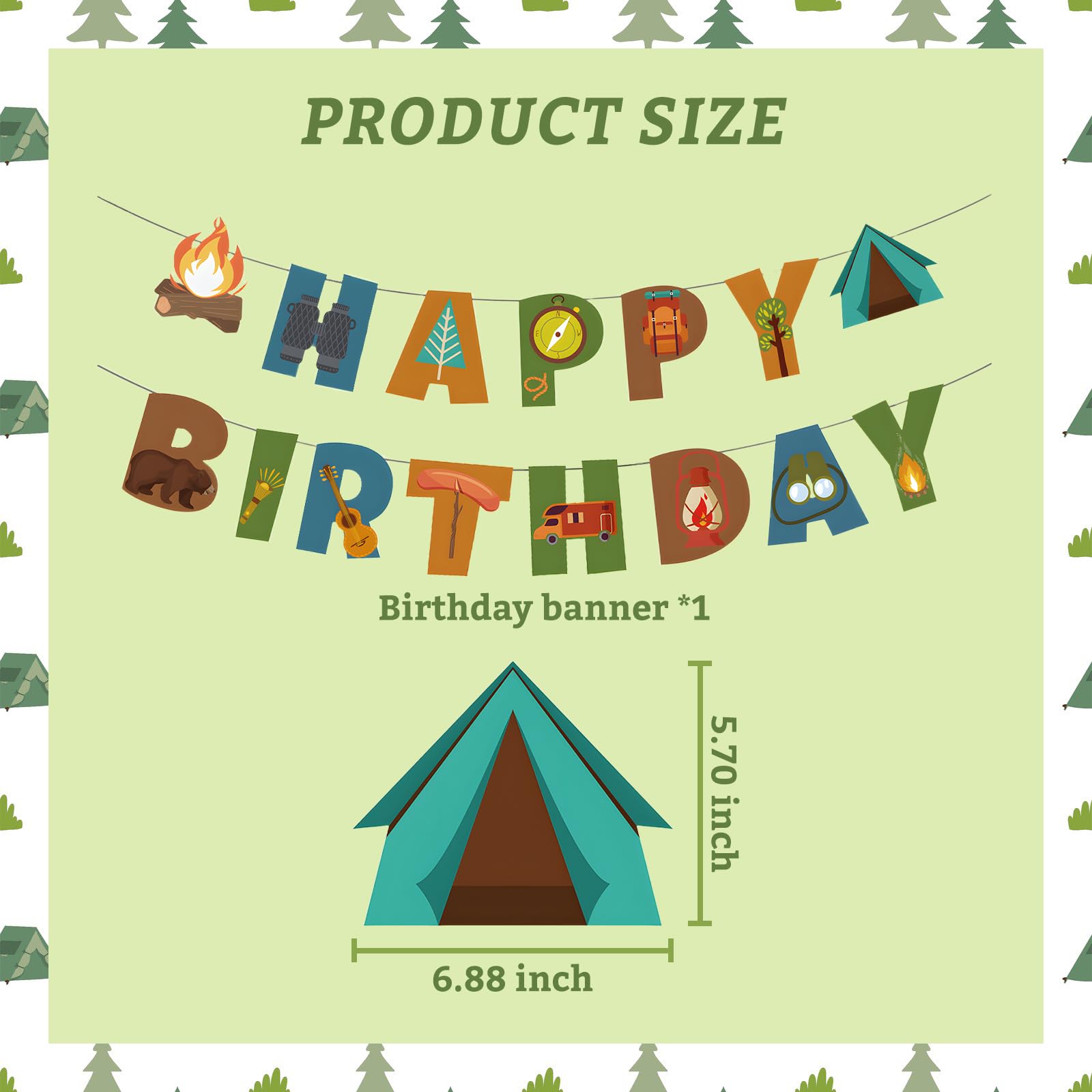 BIEUFBJI Camping Happy Birthday Banner - Outdoor Yard Campsite Decor, Fun House Banner with Campfire Tent Oil Lamp Adventure Camping Birthday Party