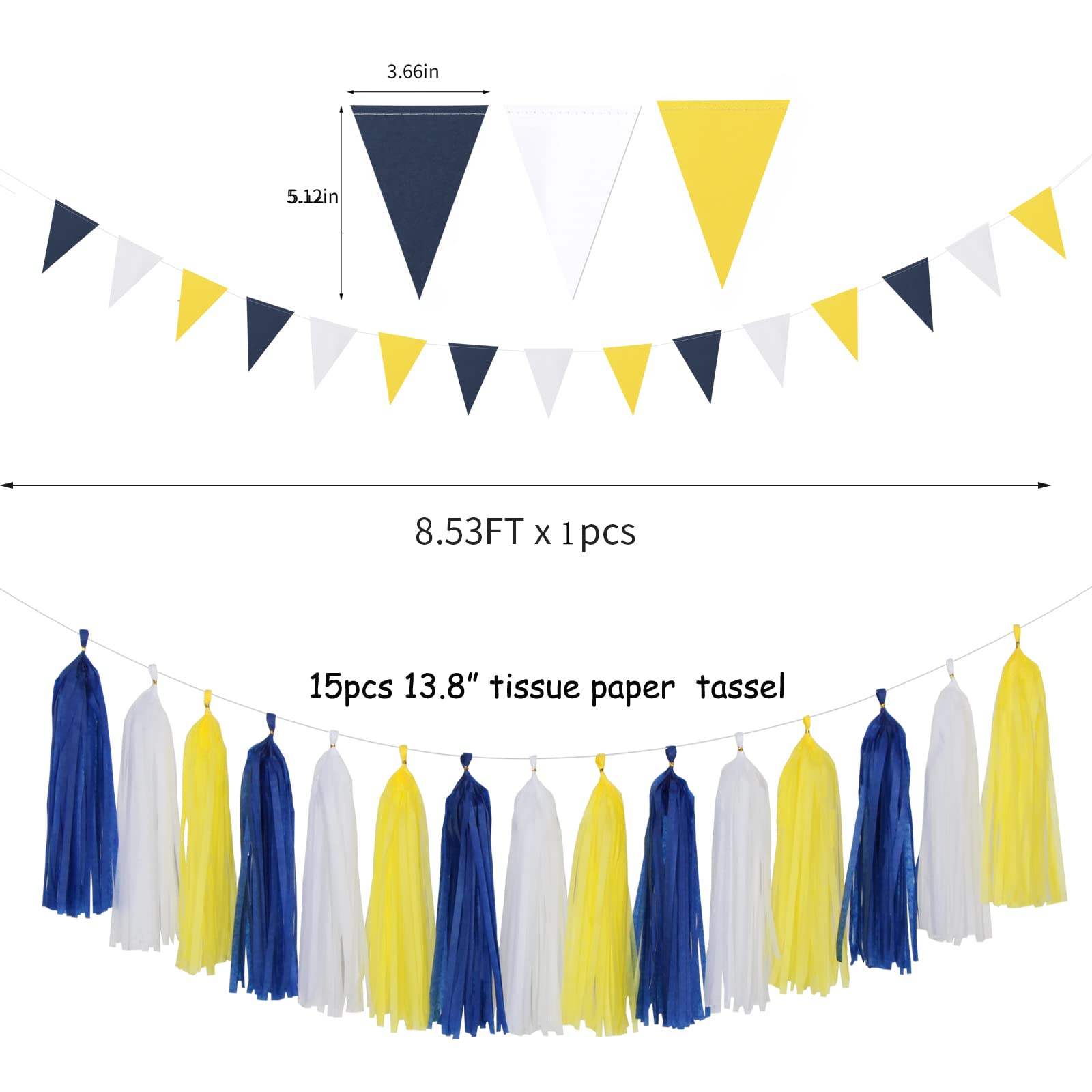 Navy-Blue White-Yellow Graduation Party Decorations - 23pcs Tissue Pom Poms Streamers,Birthday Tassel Garland Banner,Wedding Engagement Baby Bridal