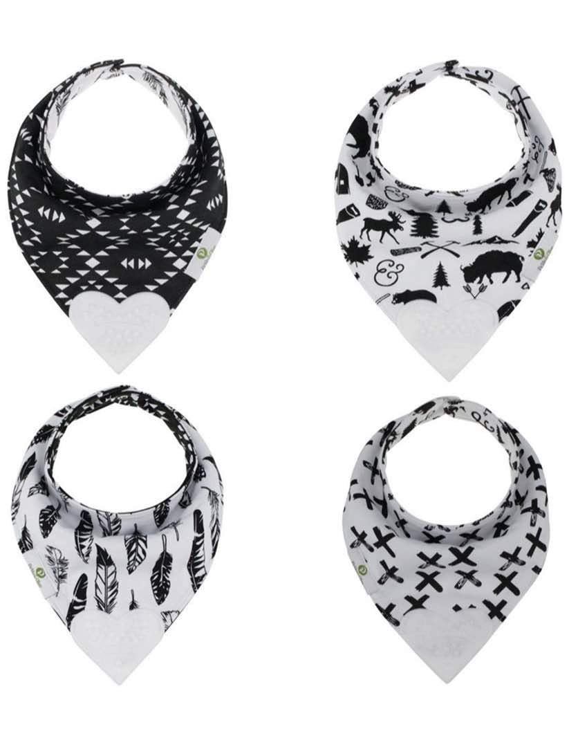 Pickle & Olive Reversible Baby Teething Bibs - Attached Heart Shaped Teether - Monochrome - Set of 2