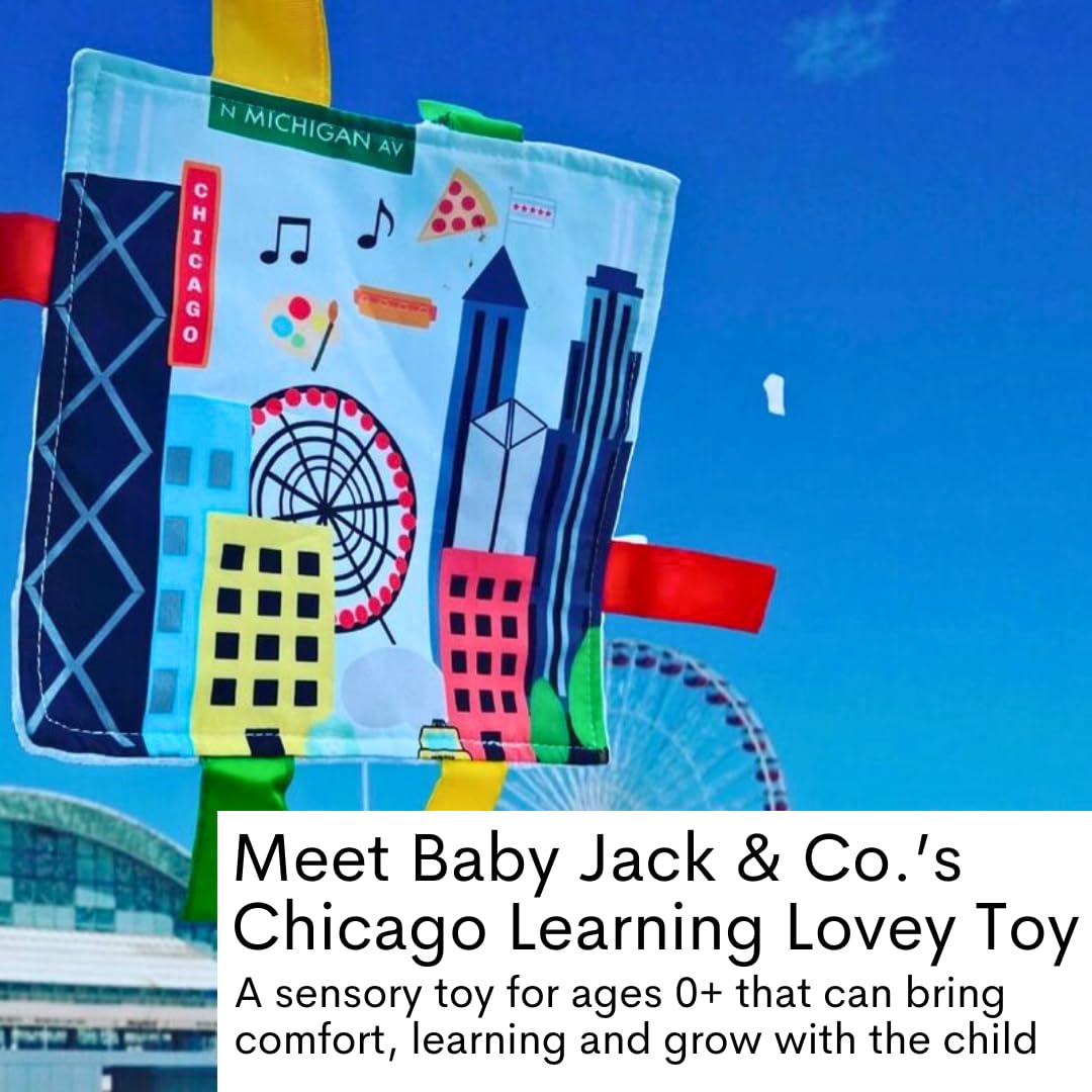 Baby Jack & Co 8x8” Learning Lovey Chicago Illinois Tag Toys for Babies - Baby Crinkle Toys - Soft & Safe - Learn USA Cities and Shapes - Ideal Baby