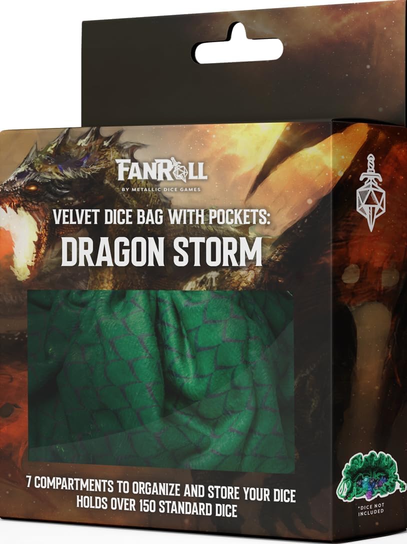 FanRoll Dragon StormTM Velvet Compartment Dice Bag: Green Dragon Scales