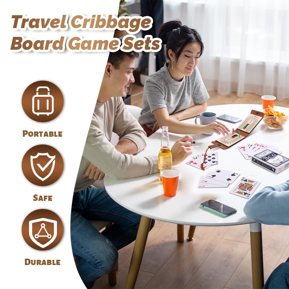 BEHEGTYE Foldable Travel Cribbage Board Game Set, Leather Cribbage Board Set - 6 Pegs, 1 Playing Card and Instruction, Portable Travel Cribbage Board
