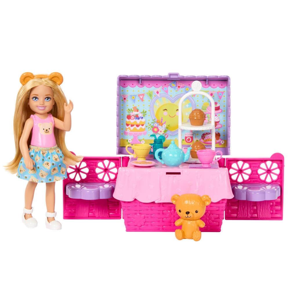 Barbie Family & Friends Club Chelsea Pop-Up Tea Party Playset with Blonde Small Doll, Transforming Picnic Basket & 10+ Accessories