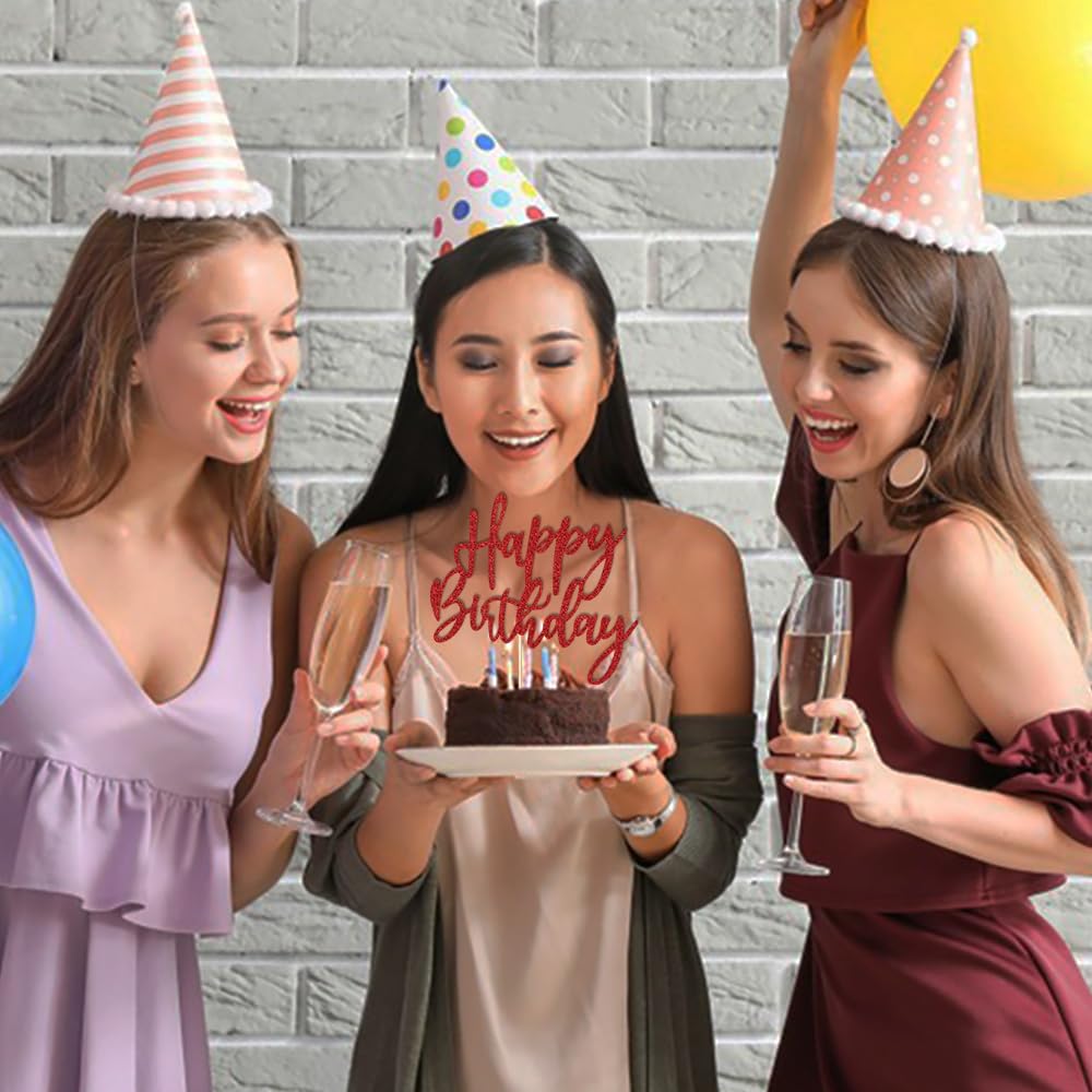 LVEUD Glitter Happy Birthday Cake Topper, Red, 1 Count, 8 Inches x 7 Inches, Glamorous Style, Suitable For Party Decoration, Birthday Occasion