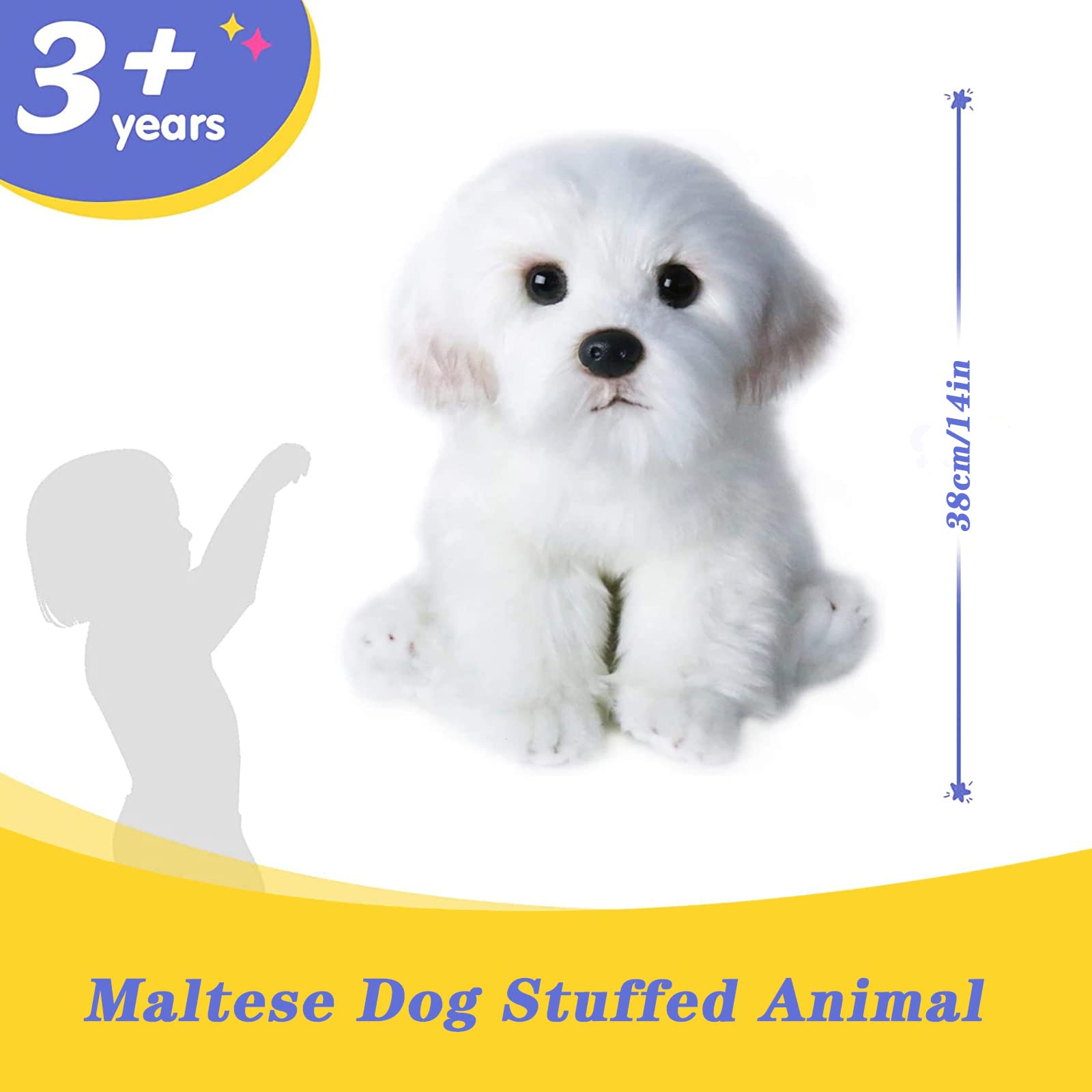 QREZAA 14" Realistic Plush Maltese Dog, Stuffed Animal Puppy Dog Toys, Soft Plush Pillow Birthday for Kids and Adult, White