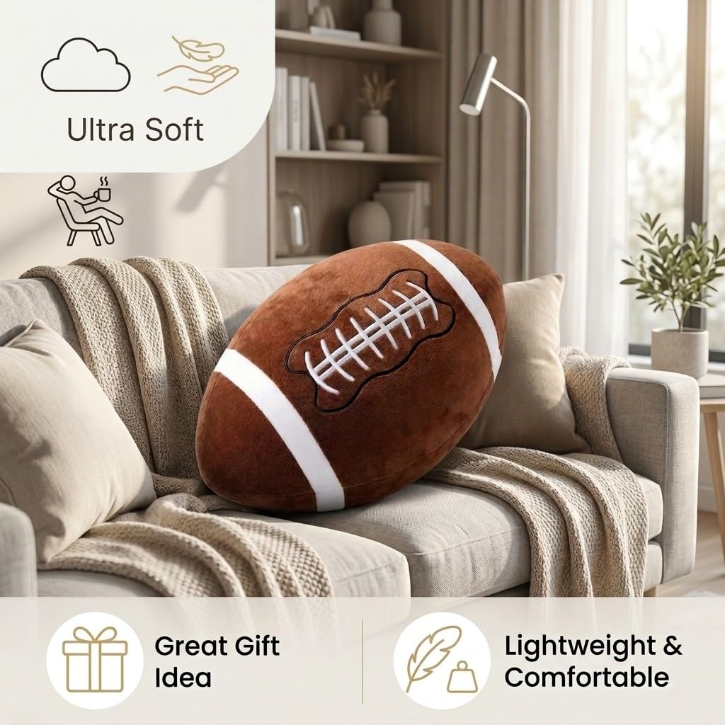 MSYA Cute Football Throw Pillow 20"x12" Soft Plush Football Cushion, 3D Stuffed Sports Ball Decor for Boys Room, Bedroom, Couch, Football Fan Gift