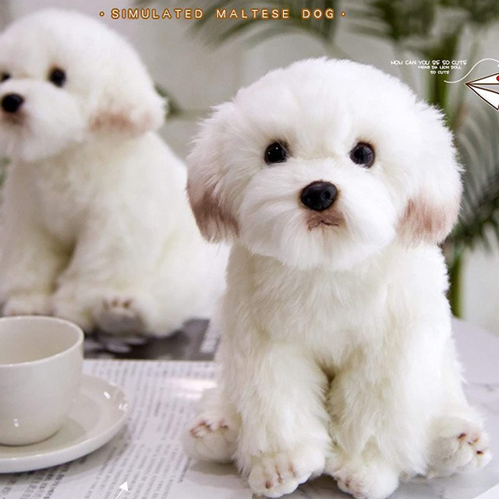 QREZAA 14" Realistic Plush Maltese Dog, Stuffed Animal Puppy Dog Toys, Soft Plush Pillow Birthday for Kids and Adult, White