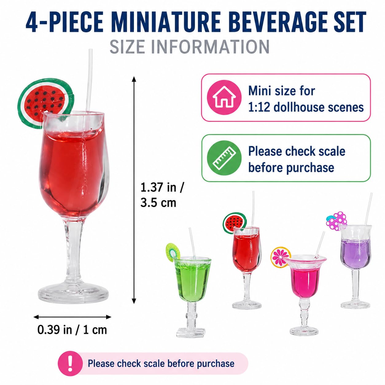 4Pcs Miniature Dollhouse Beverage Set, 1:12 Scale Mini Miniature BottlesResin Wine and Juice Bottles with Cocktail Cups, Mini Food Mini House Drink