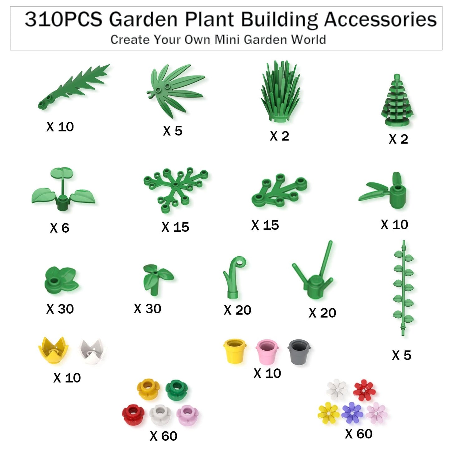 LANMANUO Garden Plants Building Bricks Set, 310PCS Flowers Bushes Trees Palm Leaves Vines Grass Accessories, Jungle Forest Park DIY Scene Blocks
