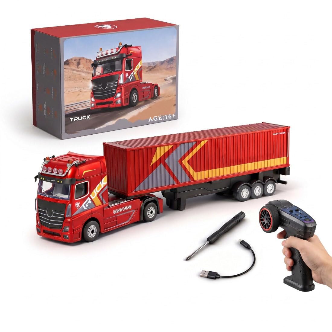 Rakeetolly RC Semi Truck with Trailer, 1:64 Scale 2.4GHz Remote Control Container Truck with LED Lights, Independent Suspension, Three-Speed Control