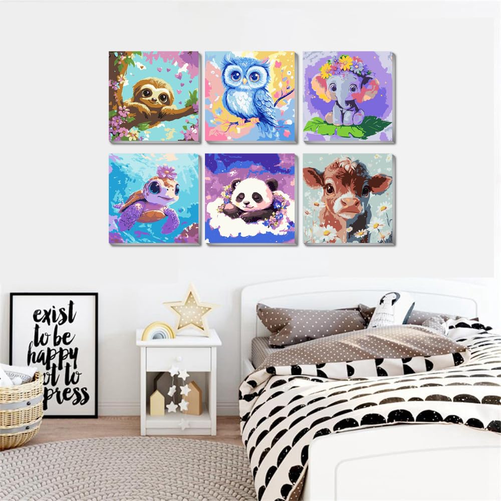 VividMeng 6 Pack Cartoon Paint by Numbers Kit for Kids Framed Canvas, Animals Paint by Number for Kids Ages 4-8-12, DIY Easy Acrylic Painting Kits
