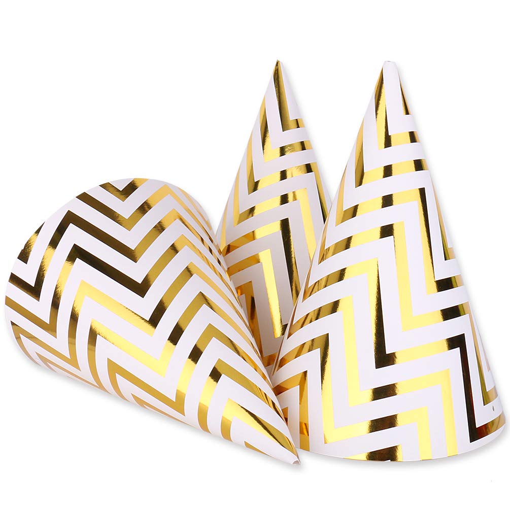 Boieo 10 Pack Gold Party Hats for Adults and Kids, Birthday Party Hats Bulk with Adjustable Elastic String, DIY Paper Cones 7.9 Inch, Metallic Foil