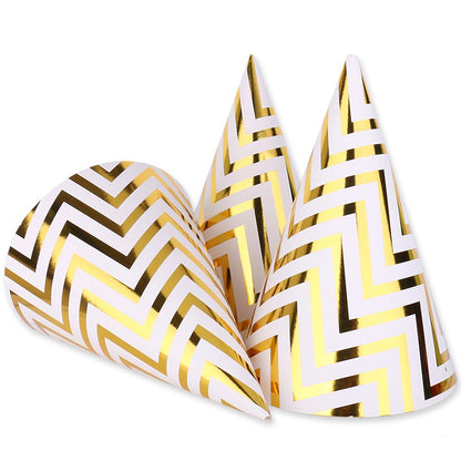 Boieo 10 Pack Gold Party Hats for Adults and Kids, Birthday Party Hats Bulk with Adjustable Elastic String, DIY Paper Cones 7.9 Inch, Metallic Foil
