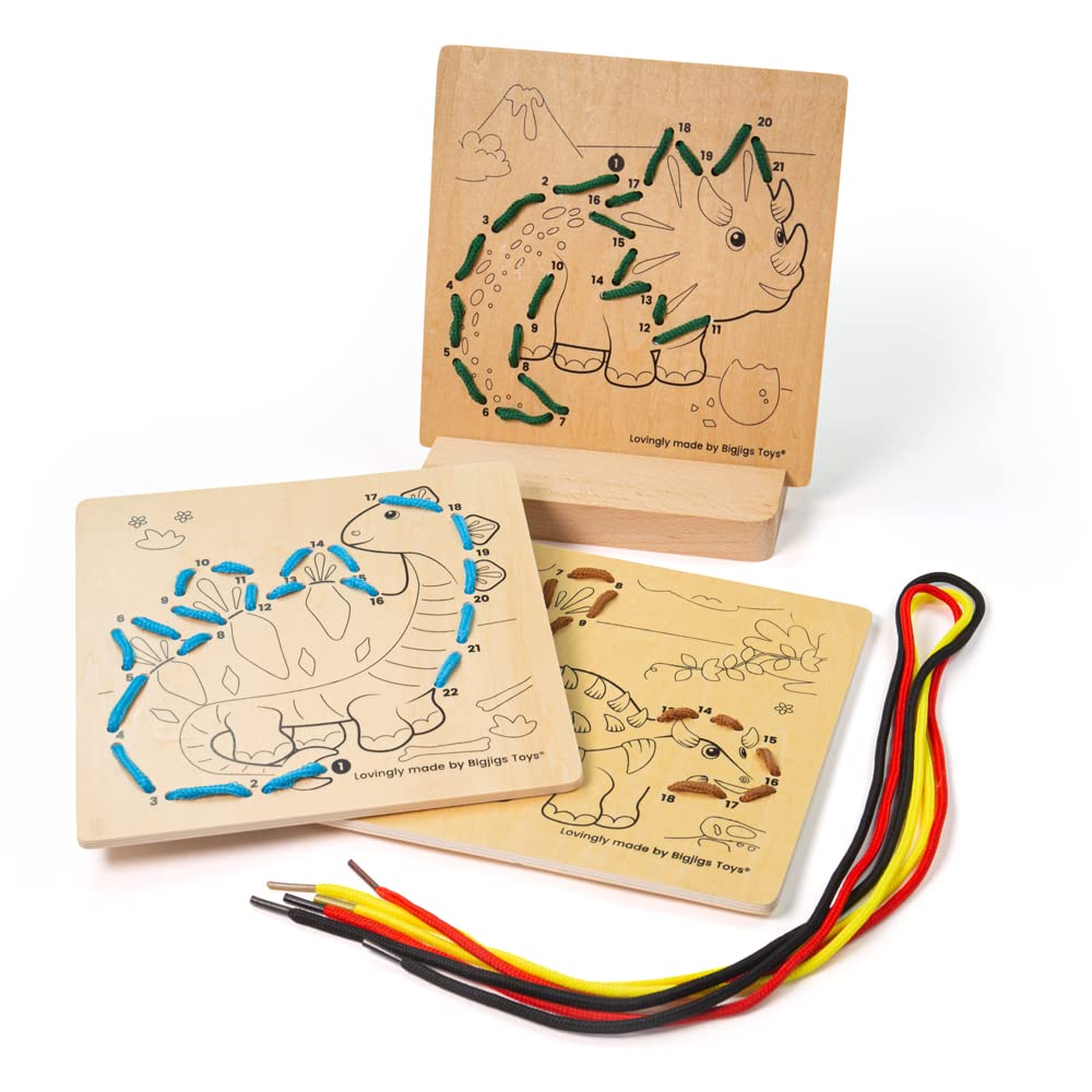 Bigjigs Toys Lacing By Numbers - Dinosaur Wooden Threading Toy for Toddlers 3 Years +, Fine Motor Skills Toys