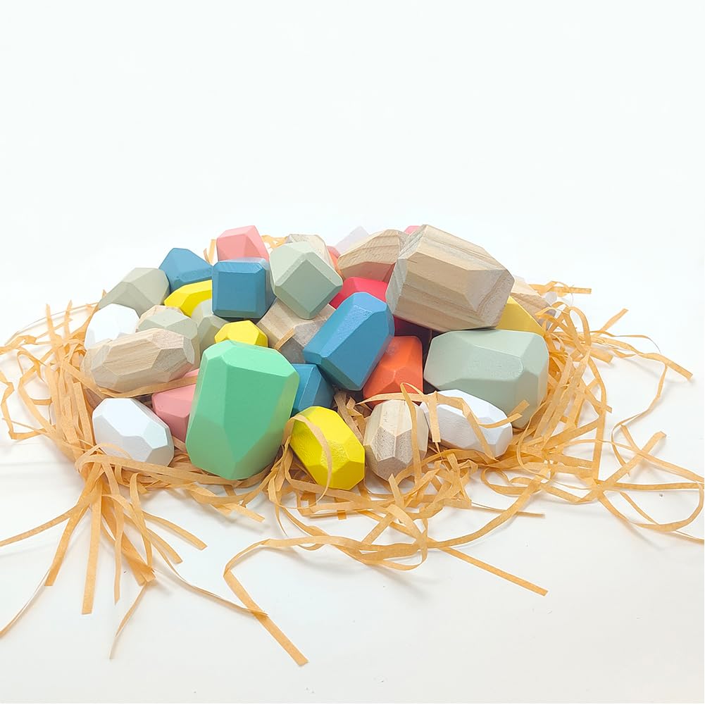 Kayzyue Wooden Stacking Rocks Building Blocks Set, 36 Pcs Montessori Stacking Game Sensory Learning Activities Balancing Stones Birthday Gifts